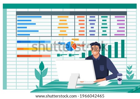 Young Man Accountant Work with Spreadsheet Paperwork Program on Computer Screen in Office Financial Flat Vector Illustration. Can be Used for Digital and Printable Infographic