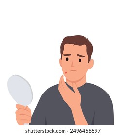 Junger Mann mit Akne-Problem im Spiegel. Flache Vektorgrafik einzeln auf weißem Hintergrund
