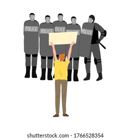 Young man activist getting police resistance during strike with placard in hands
