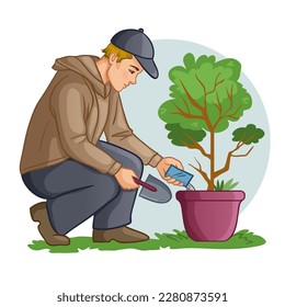 Young man adding fertilizer to a plant in garden, in one hand he has shovel, vector illustration, eps10