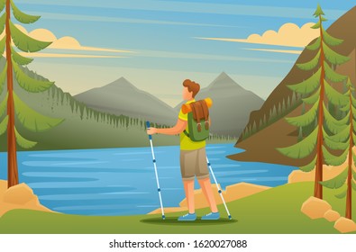 Young man admires the beauty of nature on the lake. Flat 2D character. Vector illustration