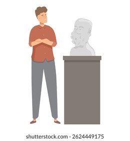 Jovem está admirando uma escultura de busto do antigo filósofo grego sócrates exibida em um pedestal