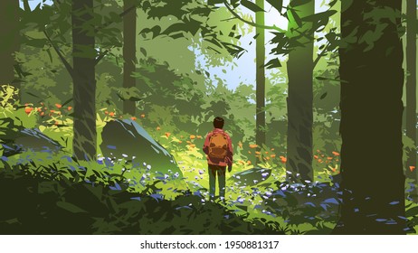 young man adventures in the deep forest, vector illustration