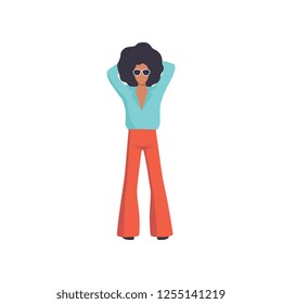 Young man with Afro curly hairstyle, retro fashion people from 70s wearing vintage clothing vector Illustration