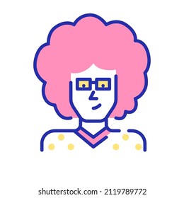 Young man with afro hairstyle wearing glasses. Pixel perfect, editable stroke fun color avatar icon