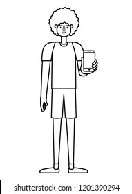 young man with afro and smartphone