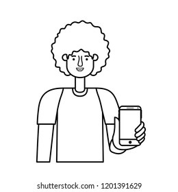 young man with afro and smartphone