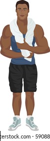Young man after work out with towel. Vector illustration.