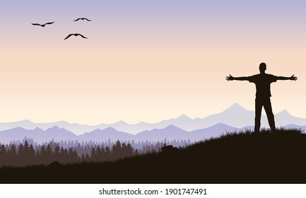 A young man against a background of mountains or a valley, looks into the distance with his arms outstretched. Mountain landscape. Stock vector illustration.