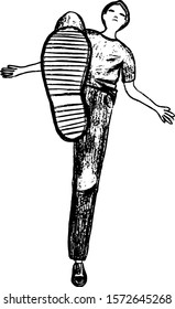 A young man with aggressive stepping on something, steps from the bottom on a white background. Outline hand drawn vector illustration
