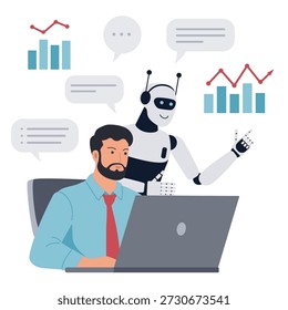 Young man and AI assistant working together. Digital virtual bot, automated assistant with artificial intelligence. Information technology, machine learning concept.
