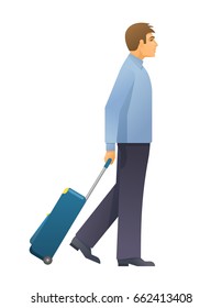 Young man airplane passenger walking with luggage suitcase on white background. Vacations, travel and active lifestyle concept.