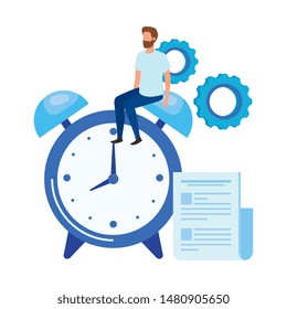 young man with alarm clock character