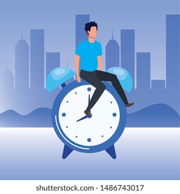 young man with alarm clock character