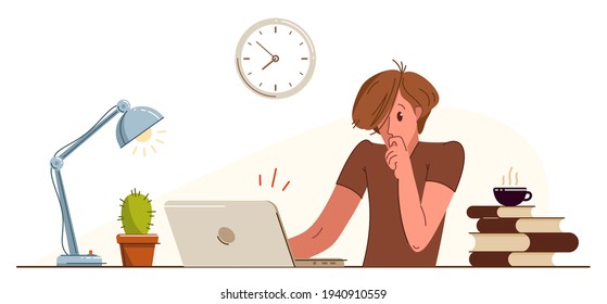 Young man alarmed in problem working on a project in stress vector flat illustration isolated, urgent panic deadline job in office or home, solving problem.