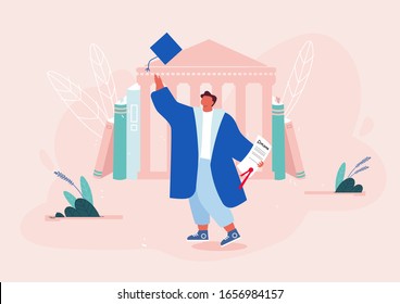 Young Man Alumnus in Academic Cap and Gown Hold Diploma Certificate on University Building Background. Graduation Student Celebrating, Character Laughing and Jumping Cartoon Flat Vector Illustration