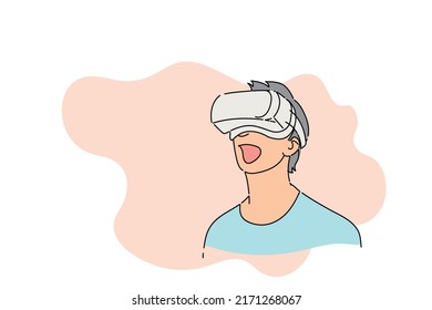 Young man amazed and dumbfounded with something in VR world. Flat vector illustration design