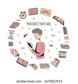 Young man among a pile of work documents and important tasks, dreams and hangs in the phone instead of working. Procrastinating office worker, student. Vector Illustration in flat cartoon style