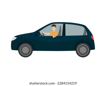 Young man with amputated hand driving a car. Handicapped person. Isolated vector illustration 