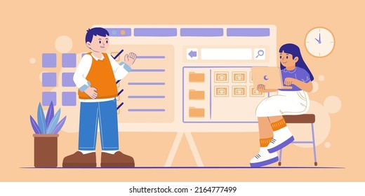 Young man ana woman working with laptop computer cartoon character, vector illustration