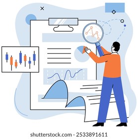 Young man analyze charts and strategies at work. Employee studying investment, cash flow and profit of company, looking at report with graph and diagrams. Investment, analysis and trading concept