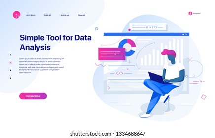 A young man analyzes data graphs. Data analysis and office situations. Landing page template. Vector illustration. Landing page concept.