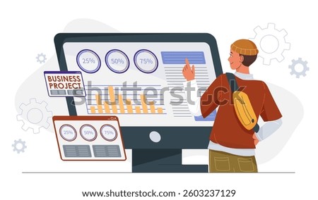 A young man analyzing business project data on a large screen with charts and graphs. Flat style on a white background. Concept of digital marketing and analytics. Vector illustration