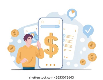 Young man analyzing financial data on a smartphone screen with dollar symbol, flat graphic style, white background, concept of mobile banking. Vector illustration