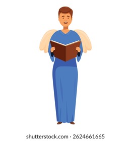 Young man in angel costume with wings is reading bible, preparing for christmas play