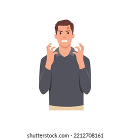 Young man angry and raised fist and shout or screaming expression. Man expresses negative emotions and feelings, shouts loudly and desperately. Flat vector illustration isolated on white background