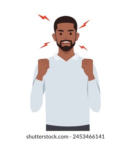 Young man angry and raised fist and shout or screaming expression. Man expresses negative emotions and feelings. Flat vector illustration isolated on white background