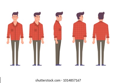 Young man for animation. Front, side, back, 3/4 view character. Separate parts of body. Cartoon style, flat vector illustration.