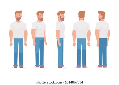 Young man for animation. Front, side, back, 3/4 view character. Separate parts of body. Cartoon style, flat vector illustration.