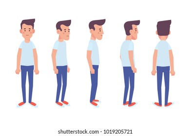 Young man for animation. Front, side, back, 3/4 view character. Separate parts of body. Cartoon style, flat vector illustration.