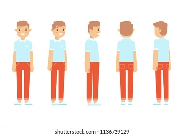 Young man for animation. Front, side, back, 3/4 view character. Separate parts of body. Cartoon style, flat vector illustration.