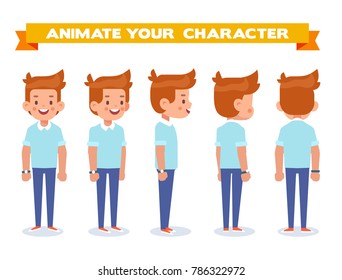 Young man for animation. Front, side, back, 3/4 view character. Separate parts of body. Cartoon style, flat vector illustration.