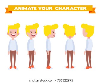 Young man for animation. Front, side, back, 3/4 view character. Separate parts of body. Cartoon style, flat vector illustration.