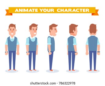 Young man for animation. Front, side, back, 3/4 view character. Separate parts of body. Cartoon style, flat vector illustration.