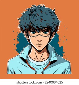 junge Mann Anime Stil Charakter Vektorgrafik Design. Manga Anime Boy Black Hair Faces Cartoon. Gesicht jungen Mann Anime Stil Charakter Vektorgrafik Design. Junge männliche Manga-Cartoon