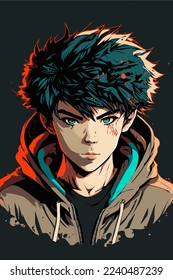 junge Mann Anime Stil Charakter Vektorgrafik Design. Manga Anime Boy Black Hair Faces Cartoon. Gesicht jungen Mann Anime Stil Charakter Vektorgrafik Design. Junge männliche Manga-Cartoon