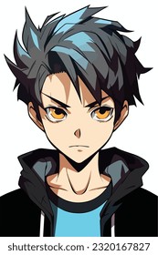 junge Mann Anime Stil Charakter Vektorgrafik Design. Manga Anime Boy Black Hair Faces Cartoon. Gesicht jungen Mann Anime Stil Charakter Vektorgrafik Design. Junge männliche Manga-Cartoon