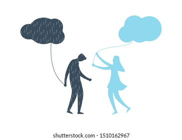 Young man with anxiety and depression holding dark cloud with rain. His girlfriend supports and helps him with mental illness, brings to him happy feellings with clean sky. Flat vector illustration.