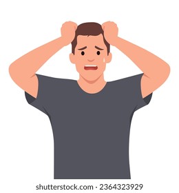 Young man Anxious young man feel distressed worried suffer from panic attack or anxiety. Unhappy unwell guy struggle with depression or mental problems. Flat vector illustration isolated on white back