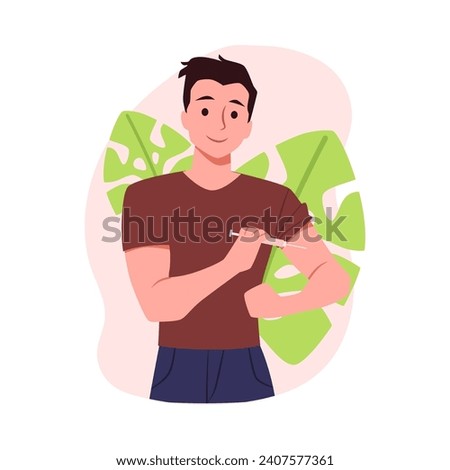 Young man apply self injection in arm vector illustration. Boy inject himself shot of medication with syringe. Self care and help concept.