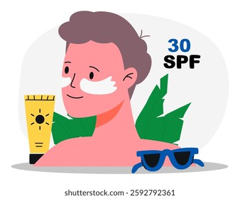 Young man apply SPF 30 sunscreen to face for UV protection. Sunglasses, sun protection cream tube and palm leaves on background. Male skincare and sun safety concept. Flat vector illustration.