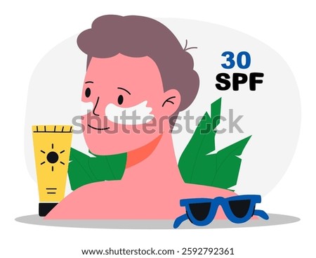 Young man apply SPF 30 sunscreen to face for UV protection. Sunglasses, sun protection cream tube and palm leaves on background. Male skincare and sun safety concept. Flat vector illustration.