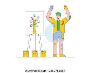 Young man applying color to palm of hand, painted on canvas artwork. Character design. Vector flat illustration