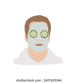 Young man applying cucumber face mask skin care concept portrait vector illustration