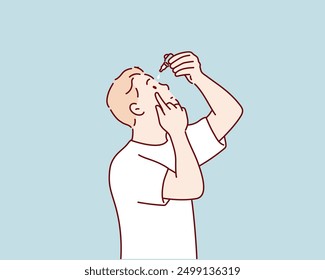 Young man applying eye lubricant to treat dry eye or allergy. Hand drawn style vector design illustrations.