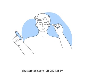 Young man applying mascara to eyelashes, daily makeup routine vector illustration